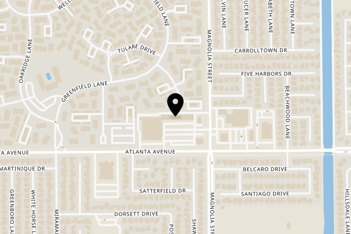 Map showing the location of Thai Fix Huntington Beach on 8935 Atlanta Ave in Huntington Beach